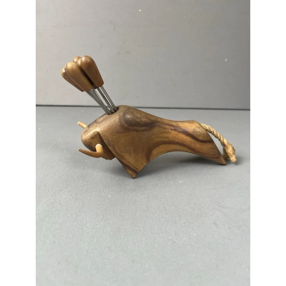 Vintage MCM Oliv-Art Olive Wood Bull Taureau 6 Appetizer Cocktail Skewers Forks